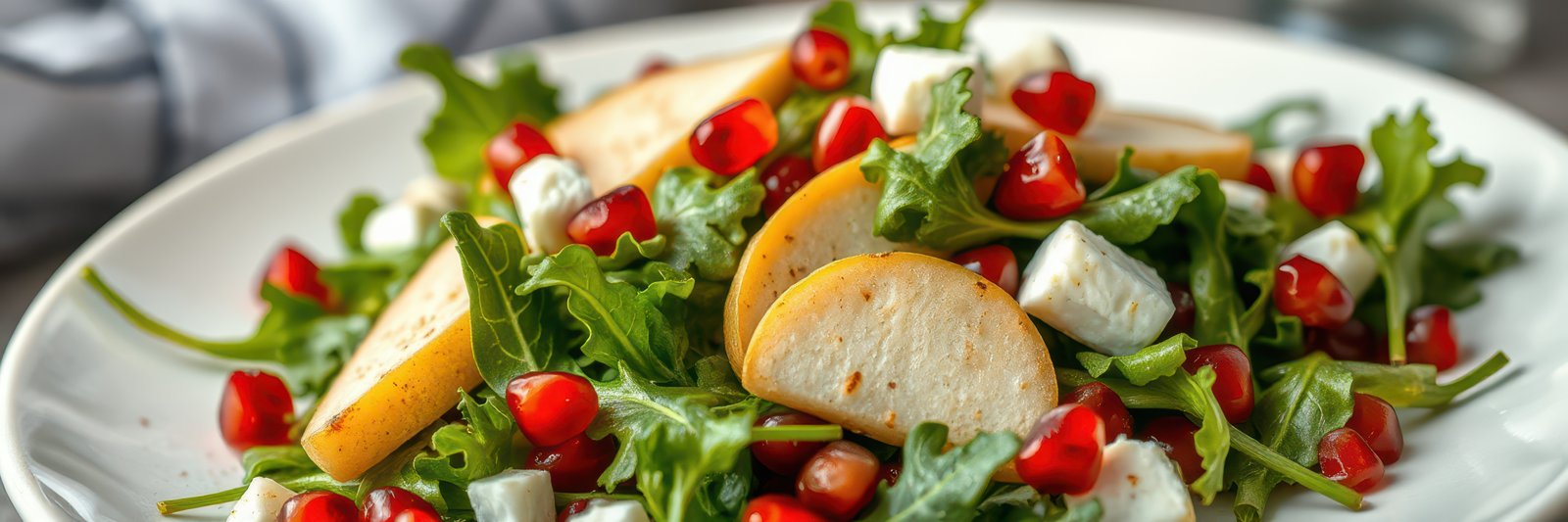 Fresh salad with pomegranate, pear, and greens served on a plate at a bright kitchen table